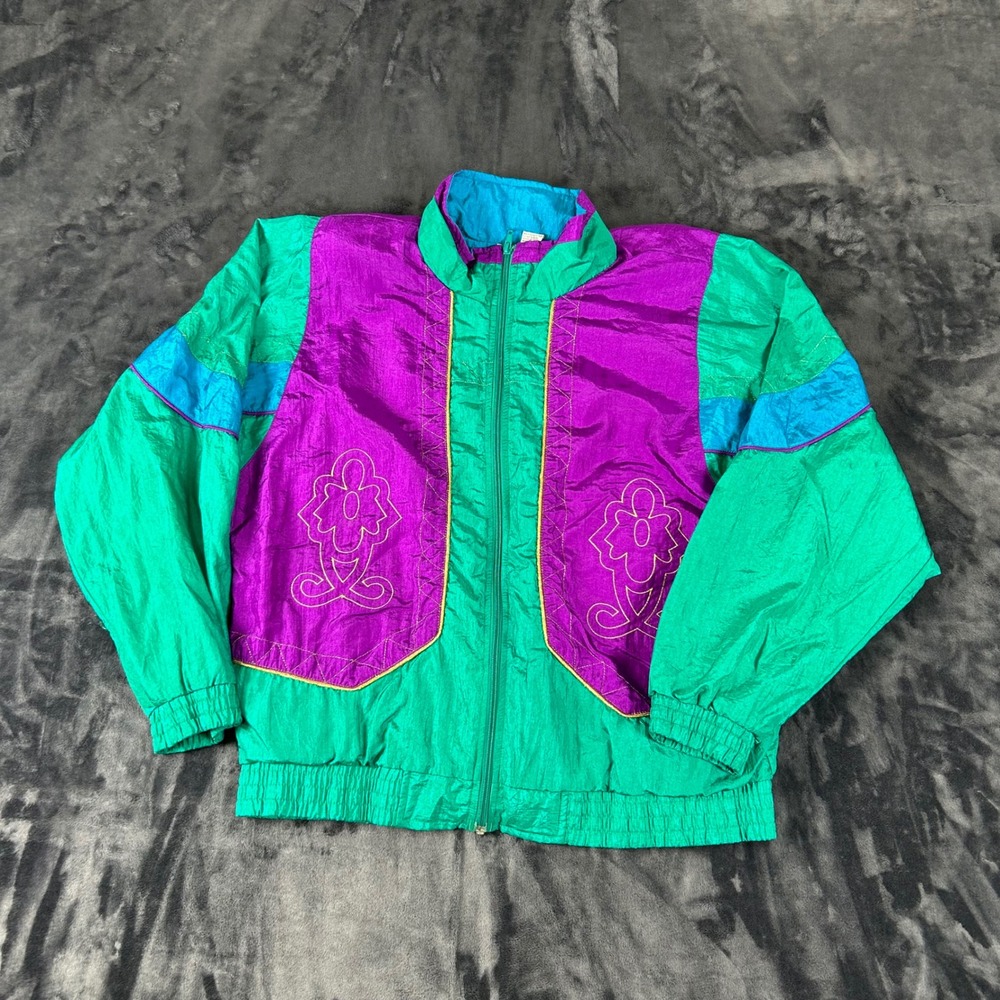 Sunterra Windbreaker Jacket Women Large Green Purple Colorblock Vintage 80s 90s